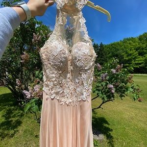 Dave and Johnny embroidered lace top cream prom dress with neck lace